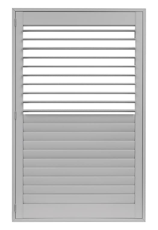 A shutter with split tilt louvers, top open and bottom closed