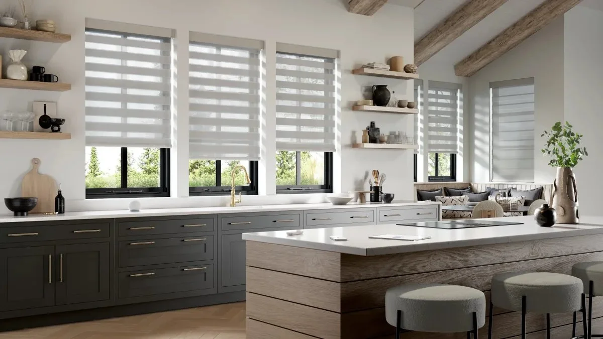 Banded Shades on a row of kitchen windows