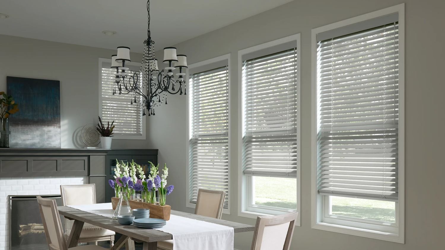 White blinds on dining room windows